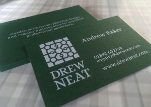 Drew Neat Business Card white ink on Forest Green GF Smith paper